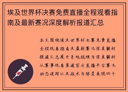 埃及世界杯决赛免费直播全程观看指南及最新赛况深度解析报道汇总